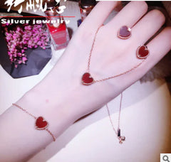Sterling Silver Natural Red Agate Heart Bracelet