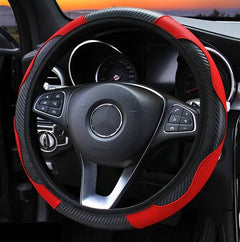 Car Steering Wheel Cover Red Black Leather Anti-slip For 15"/38cm Carbon Fiber