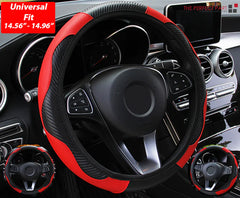 Car Steering Wheel Cover Red Black Leather Anti-slip For 15"/38cm Carbon Fiber